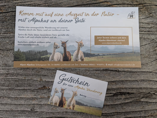 Geschenk Gutschein für eine Alpakawanderung - Versand per Post